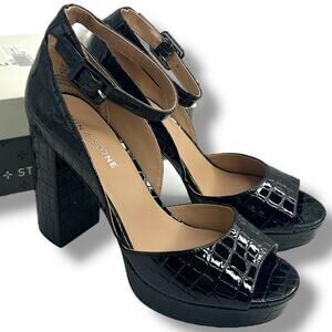 NEW Sun + Stone Black Patent Mock Croc Platform Heels Size 9.5 Ankle Strap Peep